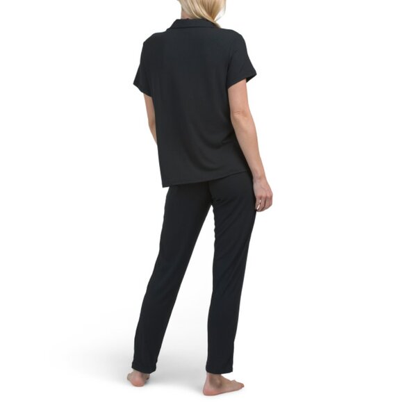 NINE WEST Black 2pc Short Sleeve Ribbed Notch Collar Pajama Top And Pants Set - Picture 2 of 2